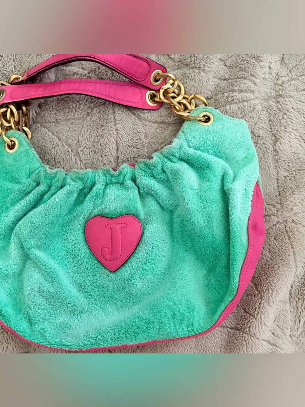 Vintage Juicy Couture 2007 Juicy Royal Velour Hobo Bag Green Pink Crown Y2K